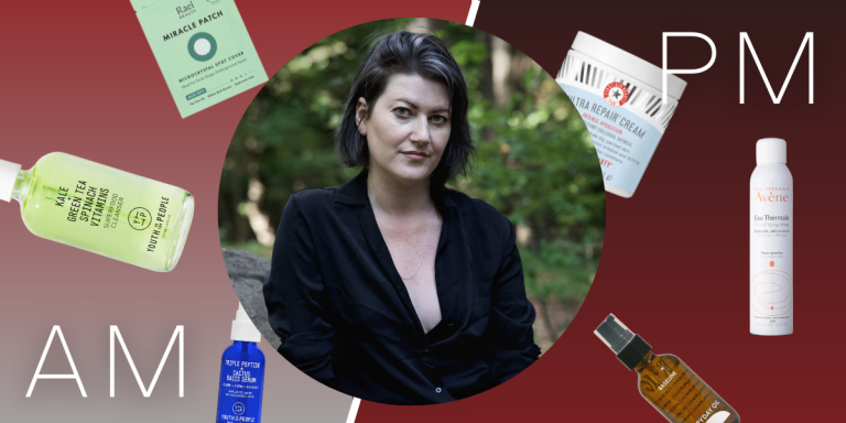 A photo of meg surrounded by some skincare products