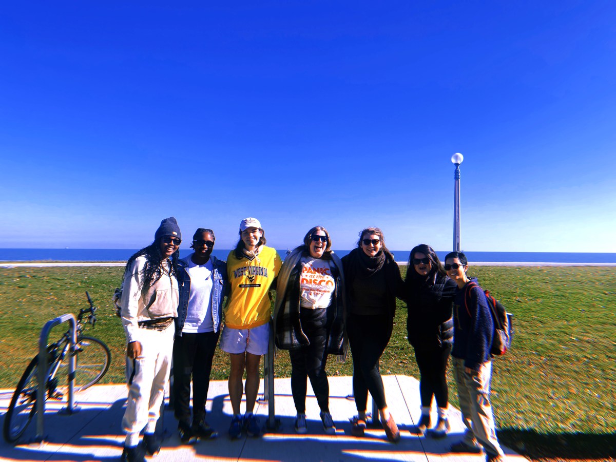 A group of queer folks huddled together smiling, while the Chicago lakefront is behind them on a sunny day.