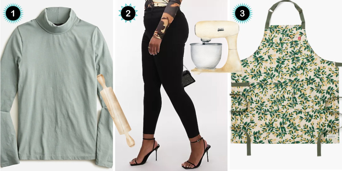 1. A pale green mockneck long sleeve shirt. 2. A pair of high-waisted black skinny jeans. 3. An apron with mistletoe printed on it.
