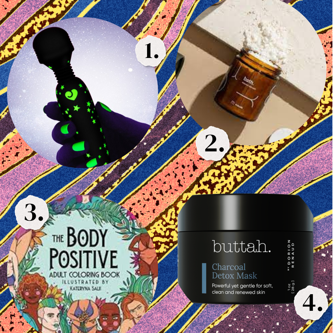 1. A handheld mini vibrator. 2. A bath powder. 3. A coloring book about Body Positivity. 4. A face mask.