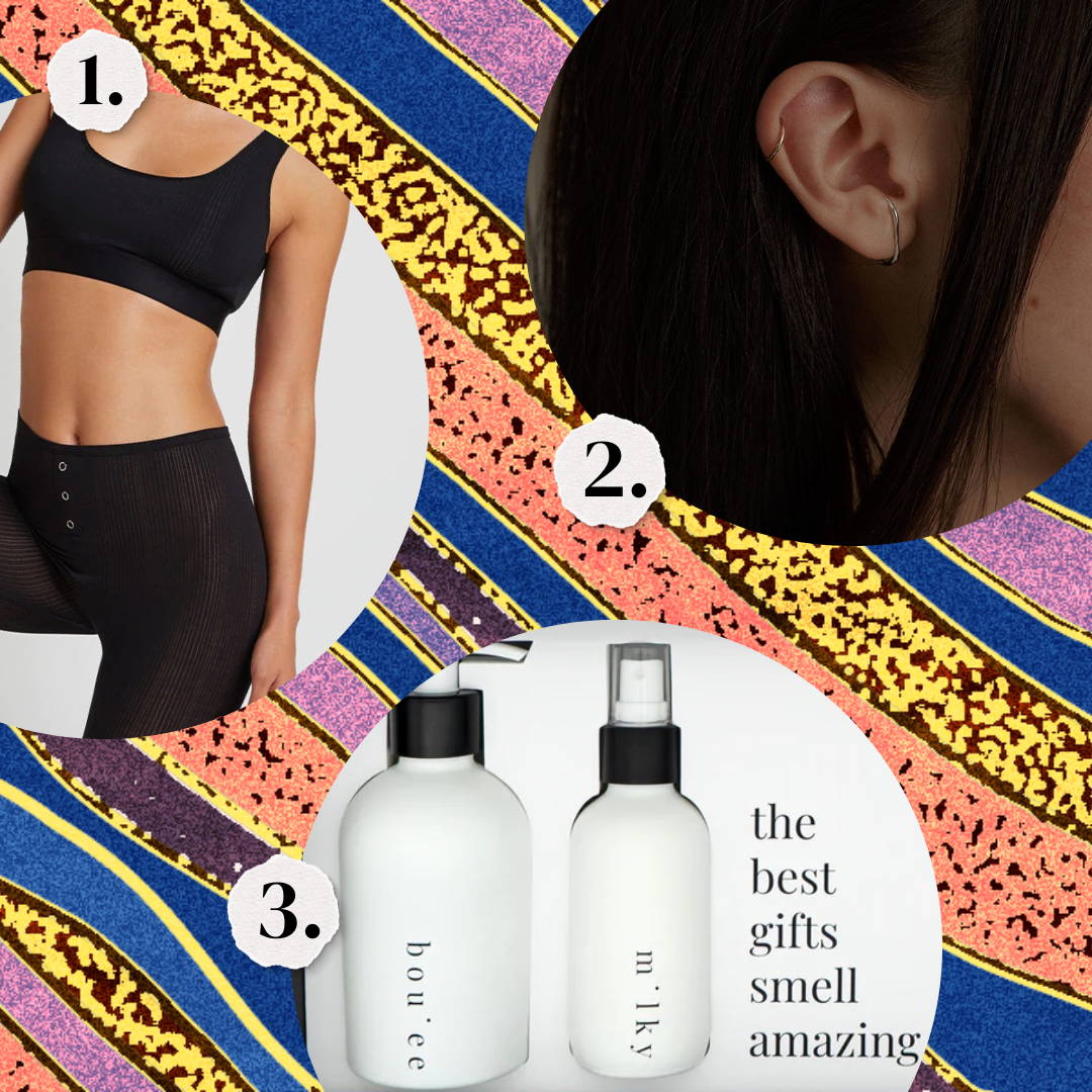 1. A black sports bra and black long underwear. 2. A cuff ring earring. 3. A set fragrance oils.