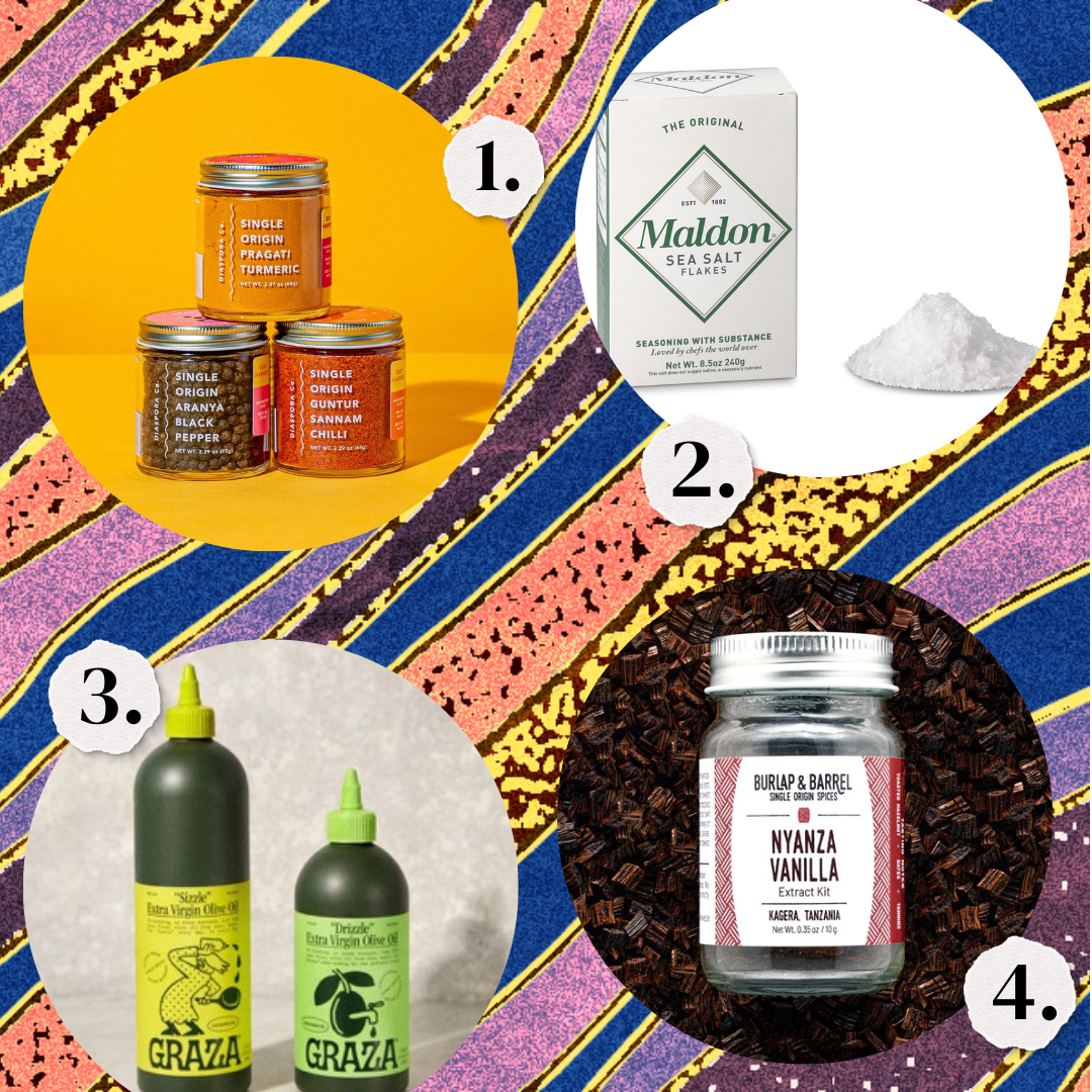 1. A set of Diaspora Co spices. 2. Maldon salt. 3. Vinegar and oil. 4. Vanilla extract.