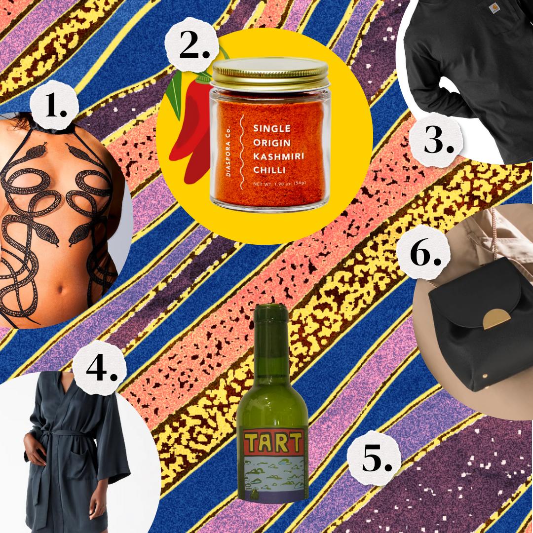 1. A bodysuit with snakes on it. 2. Kashmiri chilies. 3. A long sleeved t-shirt. 4. A silk robe. 5. Tart vinegar. 6. A black designer purse.