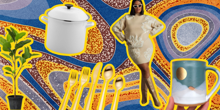 A ficus tree, a white stock pot, a set of gold flatware, a woman wearing a beige sweater skirt set, and a mug with a gold moon and night sky on it.