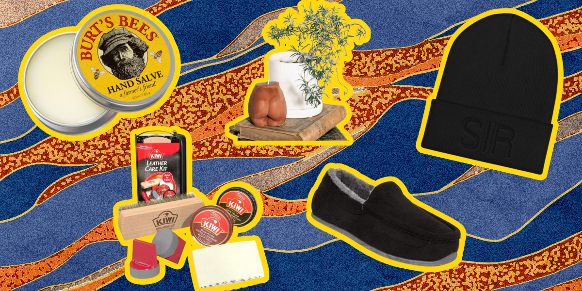 Burt's Bees hand balm, a leather polishing kit, a candle shaped like a butt, a black beanie, and a black slipper