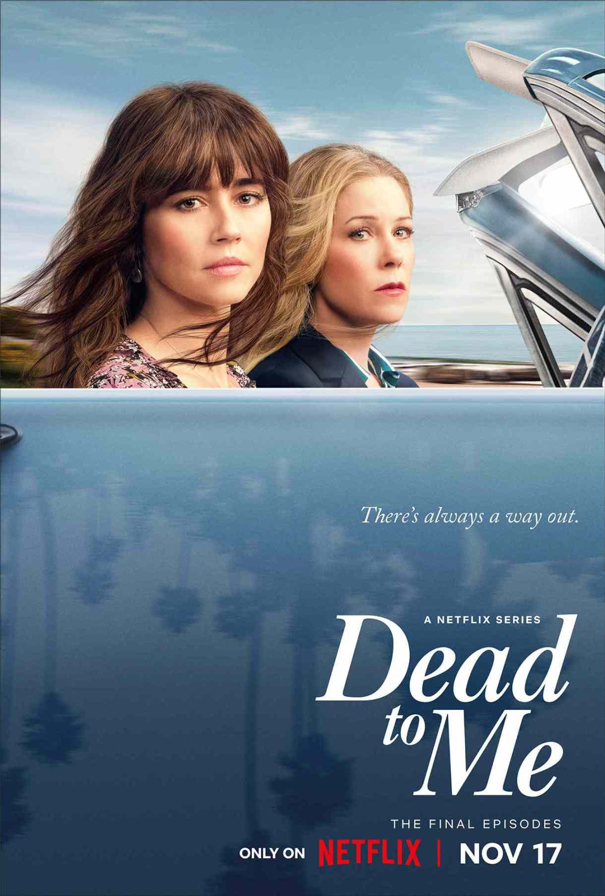 the cover of dead to me featuring two blase looking white women in a convertable