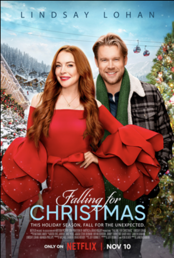 the cover of falling for christmas featuring lindsay lohan in an absurd red christmas jumpsuit