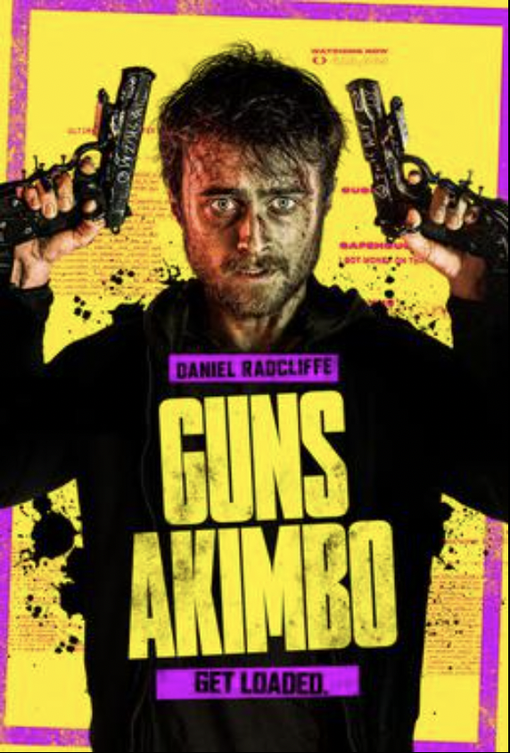 the cover of guns akimbo featuring a concerned looking daniel radcliffe with some guns