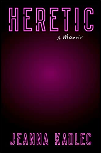 the cover of heretic features the title in purple neon looking letters against a dark background