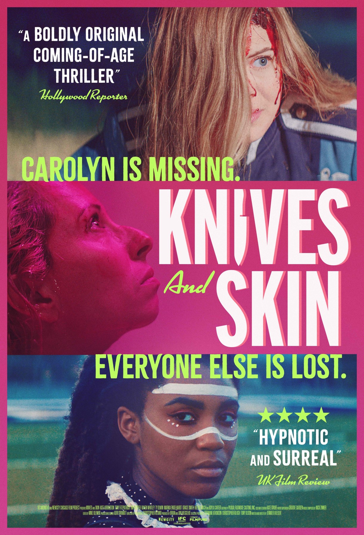the cover of knives and skin featuring three girls and the tagline "caroline is missing. everyone else is lost."