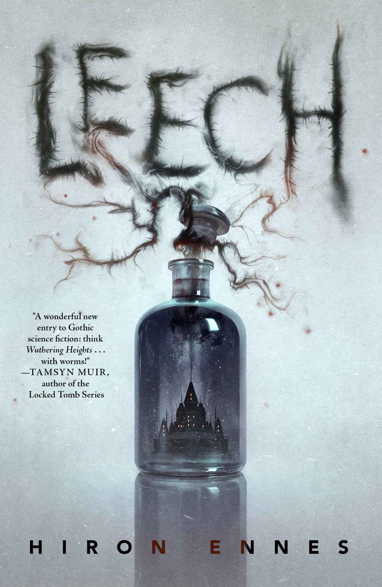the cover of leech by hiron ennes showing a bottle with a city in it and toxic threads of some moldy looking substance coming out of the top of the bottle