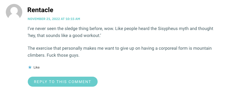 I’ve never seen the sledge thing before, wow. Like people heard the Sisypheus myth and thought ‘hey, that sounds like a good workout.’ The exercise that personally makes me want to give up on having a corporeal form is mountain climbers. Fuck those guys.