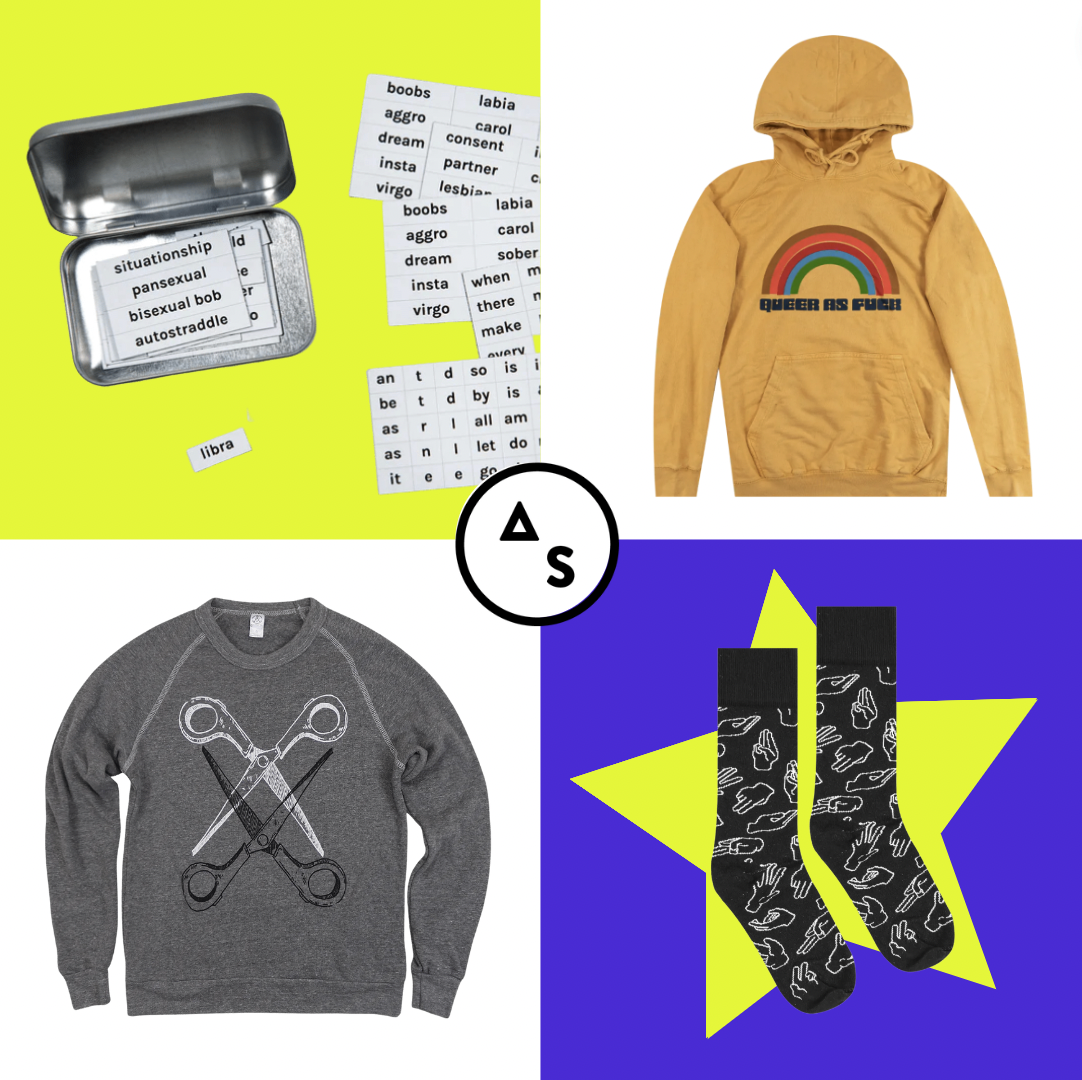 A 4 square grid featuring some popular items from the Autostraddle Store that was restocked. Clockwise from the top left: The Queer Magnetic Poetry Kit, the Queer As Fuck Vintage Mustard Hoodie, the grey Basic Scissoring Sweatshirt, and the Fisting 101 black crew sock.