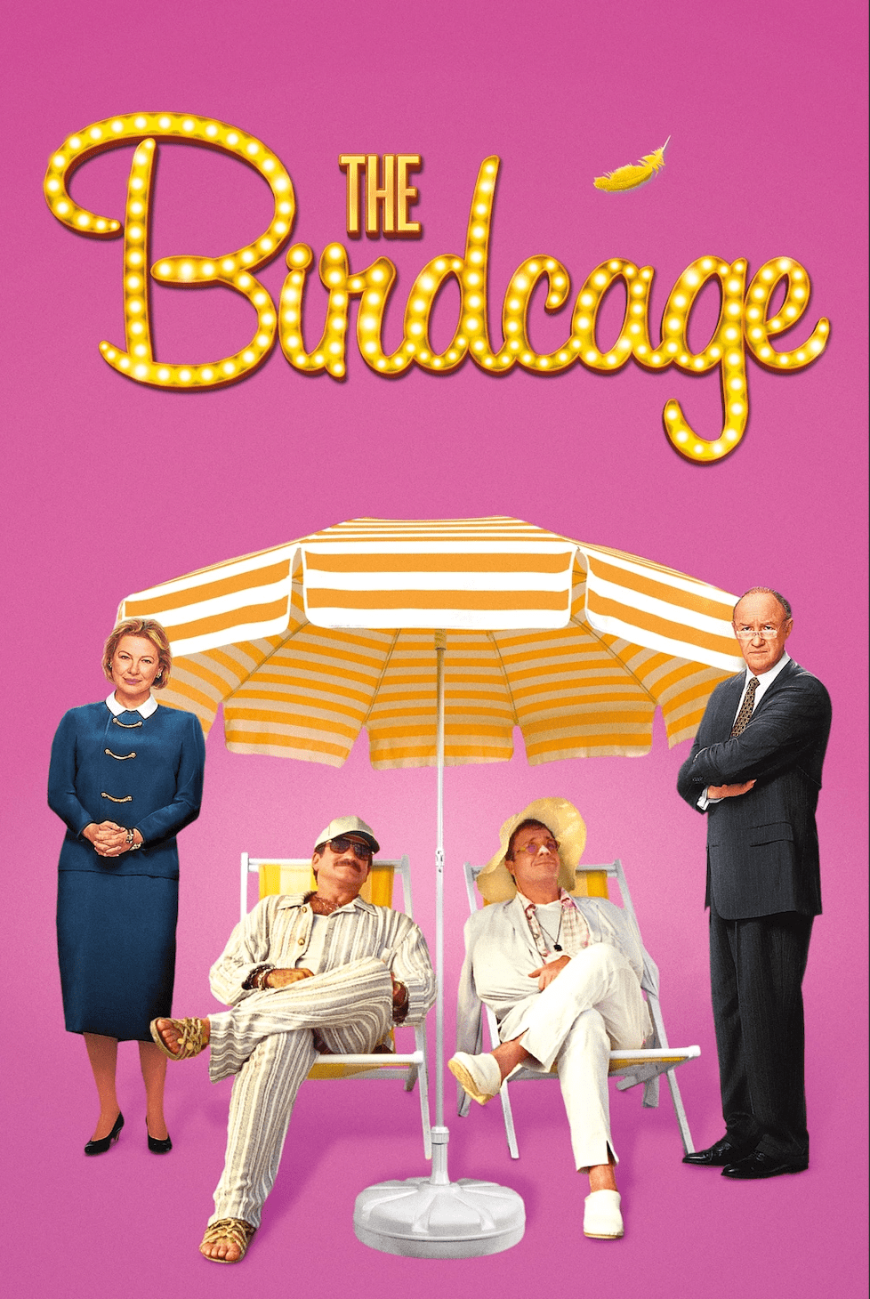 the cover of the birdcage featuring two gay men lounging in sun chairs under an umbrella