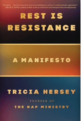 the cover of rest is resistance features three stripes of color, red, yellow and blue
