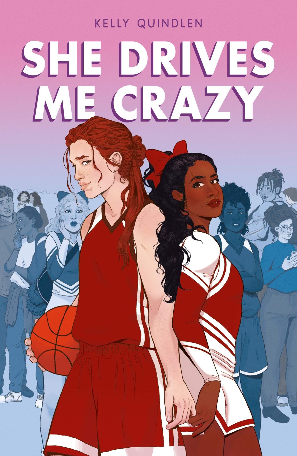 the cover of she drives me crazy showing two girls on the cover, one a basketball player and the other a cheerleader, just barely holding hands