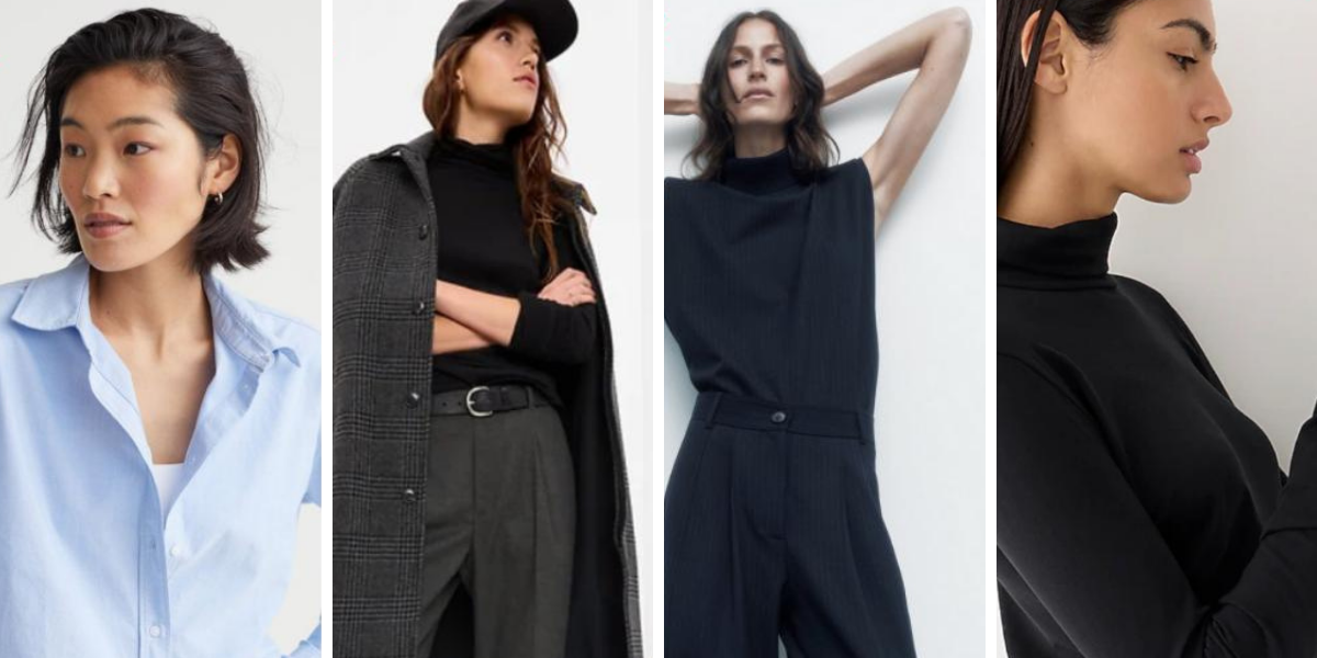 A blue Oxford, gray tapered dress slacks, high-waisted tapered black slacks, and a black turtleneck