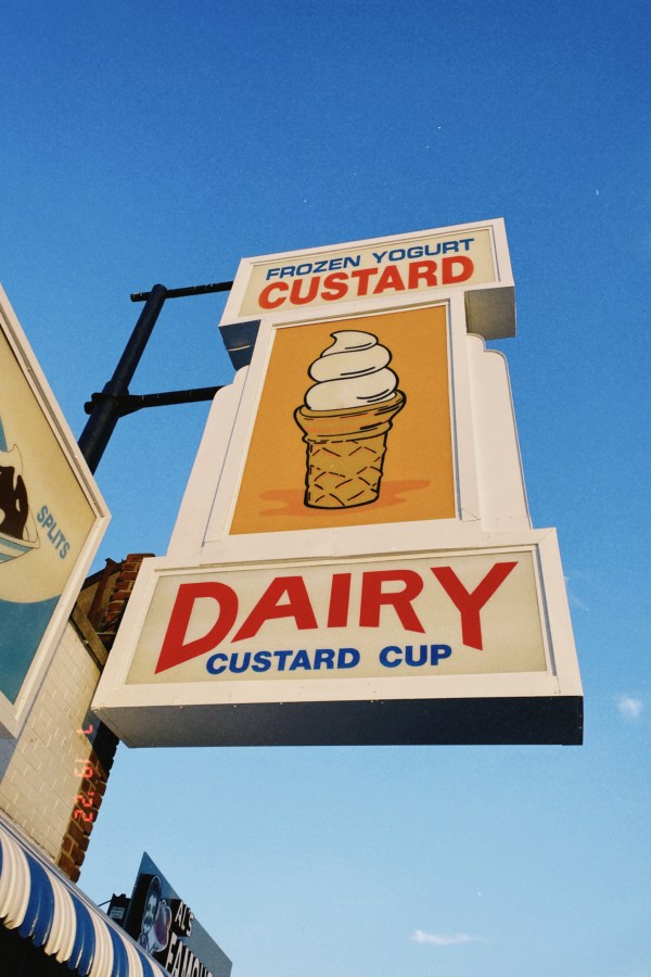 A huge sign reads "Frozen Yogurt Custard Dairy Cup" against a bright blue background