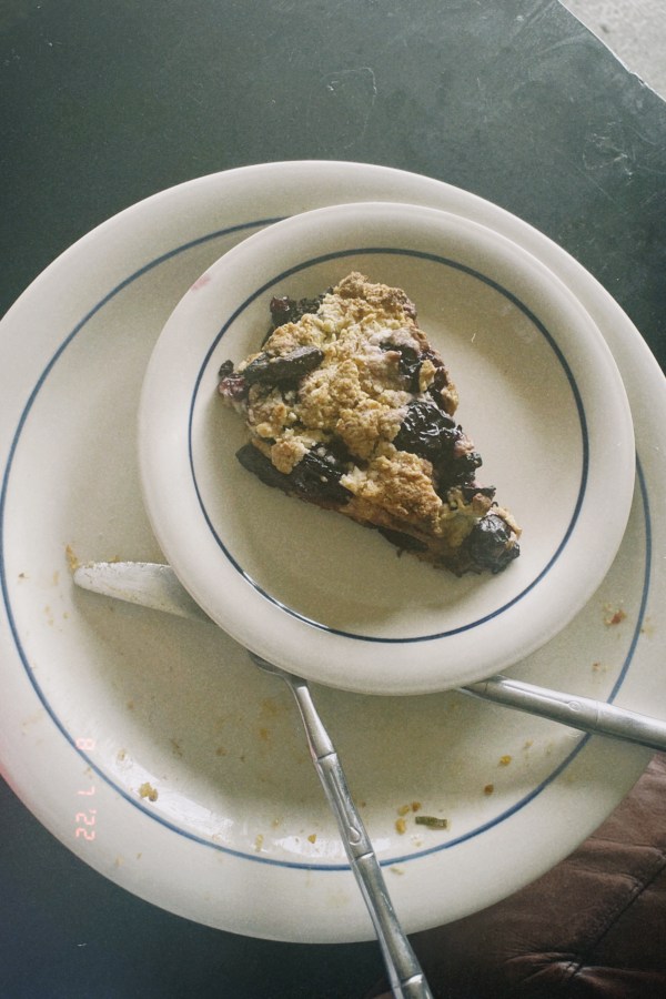 Two plates are stacked on top of each other, on the top plate is a chocolate chip and cherry scone.