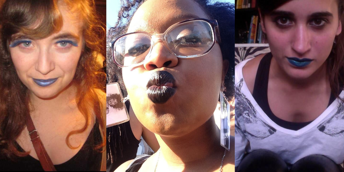 a collage of photos of anya, carmen and kayla from the 2000's. Anya and Kayla are wearing blue lipstick. Carmen is wearing black lipstick.