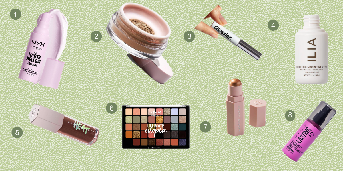 A collage of beauty products on a sage background