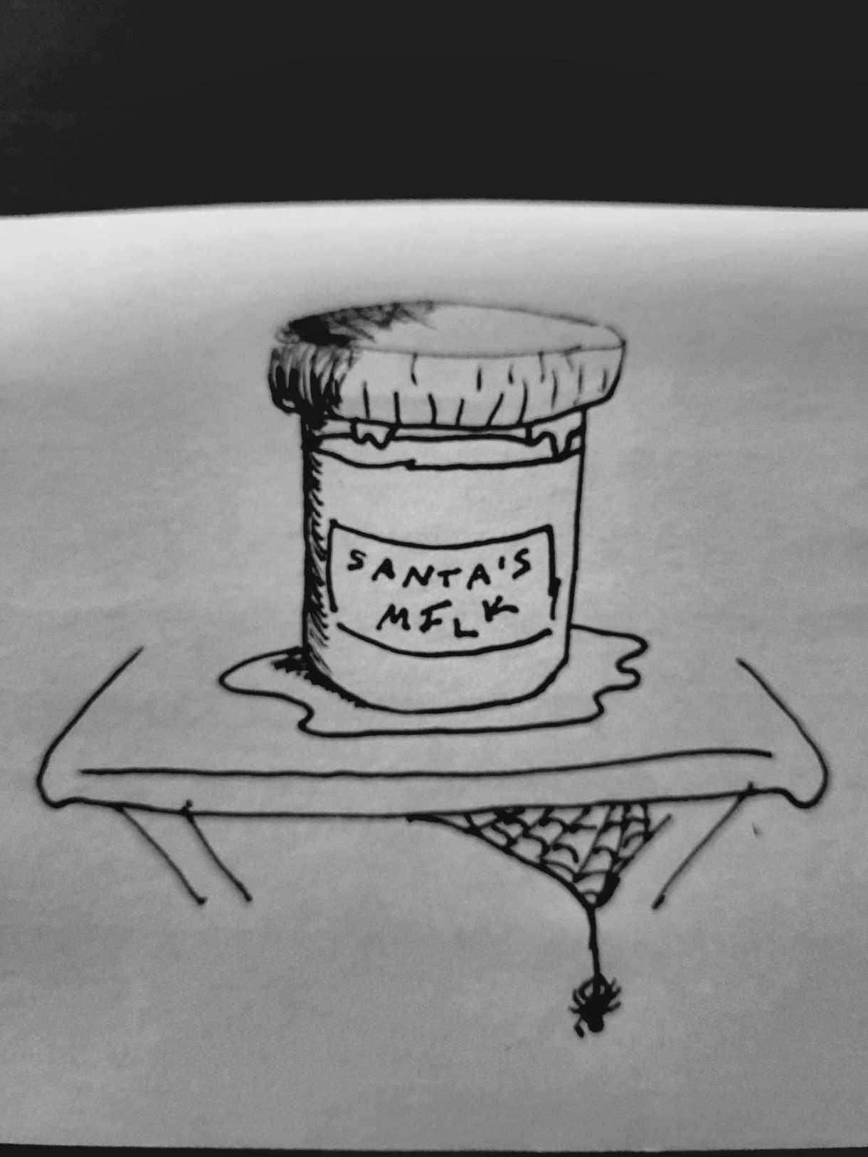 a doodle of a goopy jar on a shelf with liquid in it labeled "santa's milk" there is a small spider hanging from a web from the shelf