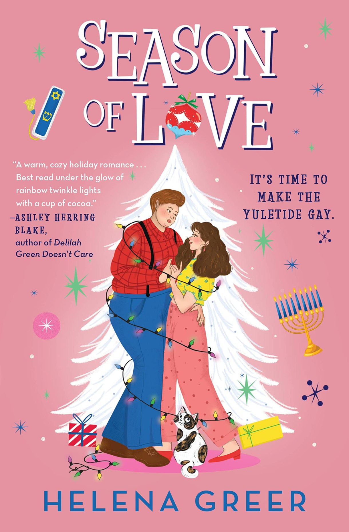 an illustrated cover for season of love shows a gay couple wrapped in christmas lights in front of a christmas tree