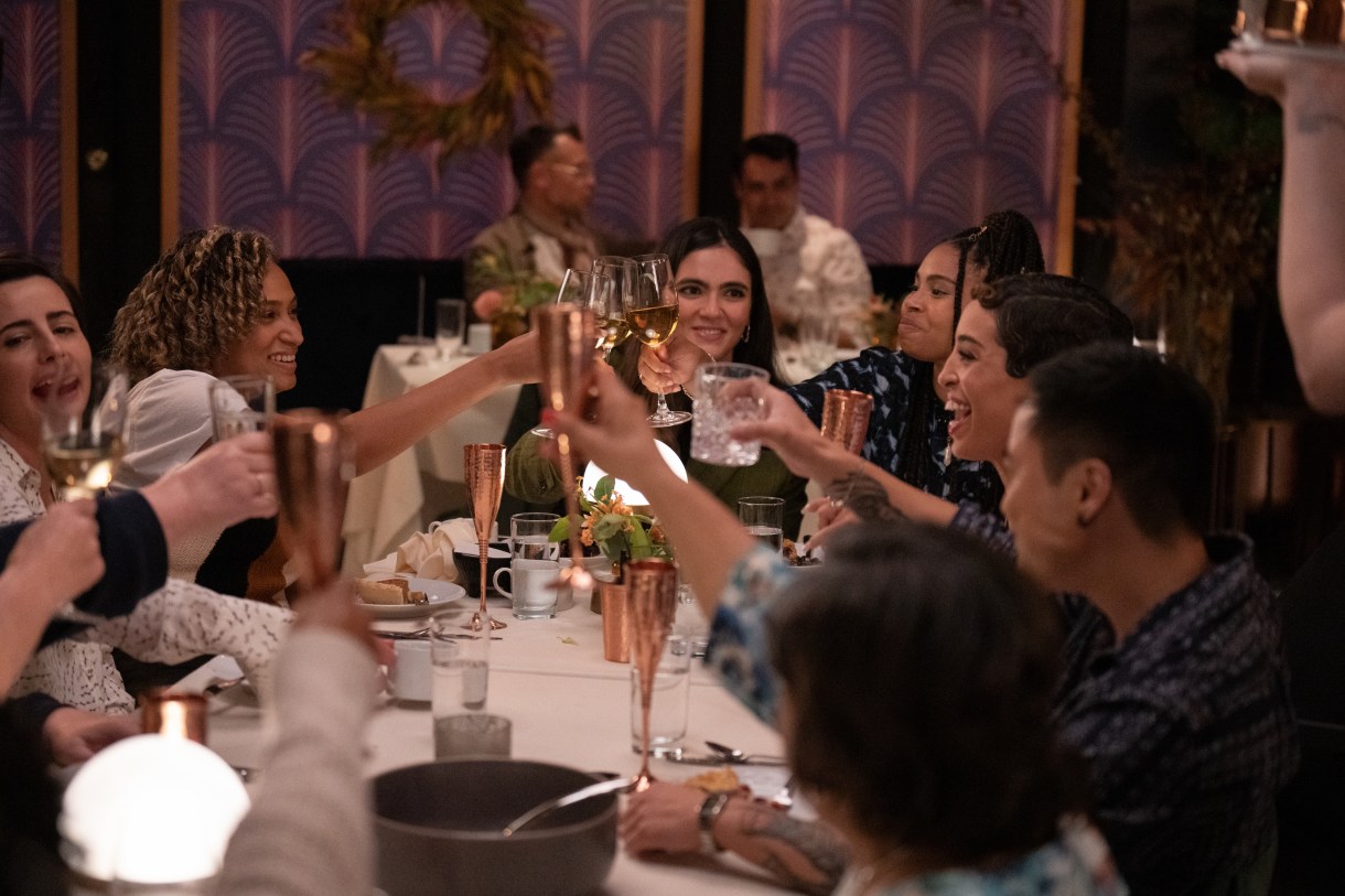 (L-R): Jacqueline Toboni as Finley, Rosanny Zayas as Sophie, Arienne Mandi as Dani, Carmen LoBue as Dre, Jillian Mercado as Maribel and Leo Sheng as Micah in THE L WORD: GENERATION Q, "Quality Family Time". Photo Credit: Scott Everett White/SHOWTIME.