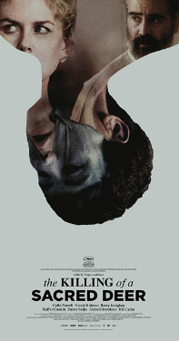 cover of the killing of a sacred deer featuring nicole kidman, another guy, and a boy that they are blended into in a creepy abstract cover