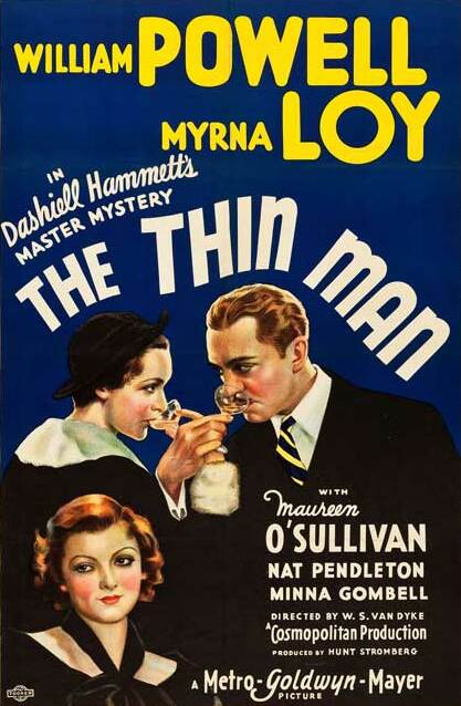 the cover of the thin man shows a man and woman linking arms and sipping champagne while staring into each others' eyes