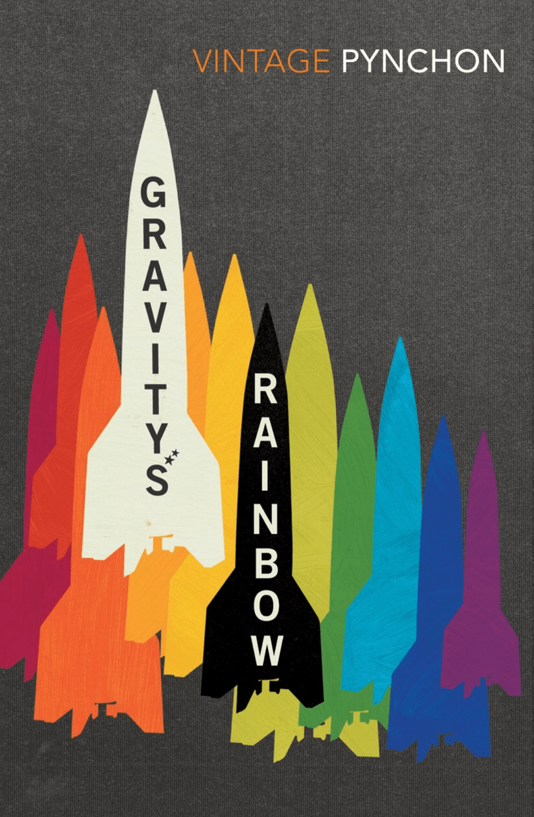 the cover of gravity's rainbow showing several rainbow sillhouettes of a rocket