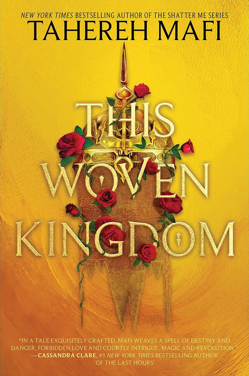 this woven kingdom cover shows a golden helmet covered in roses