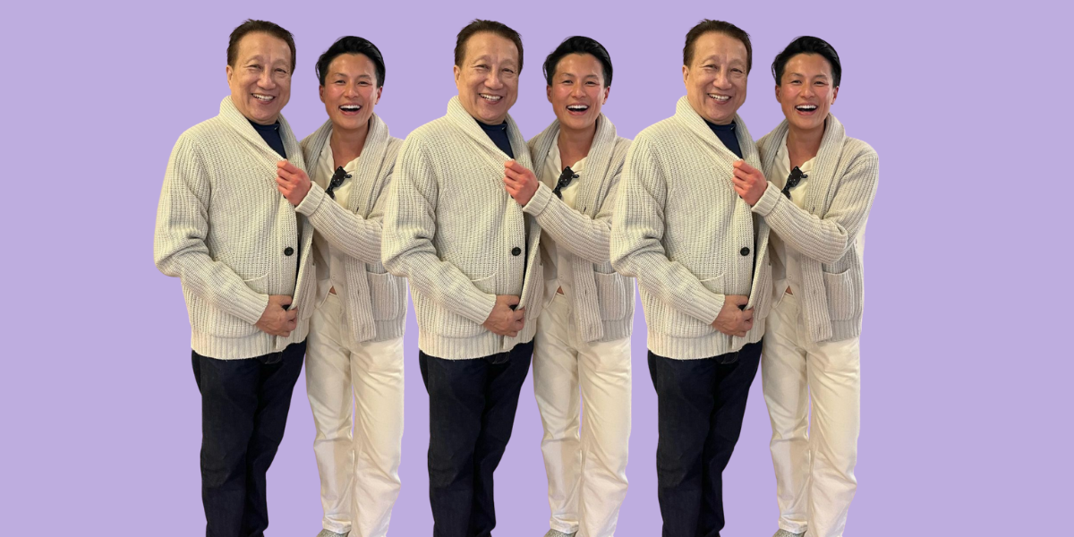 Chef Melissa King and their father wear matching oatmeal cardigans