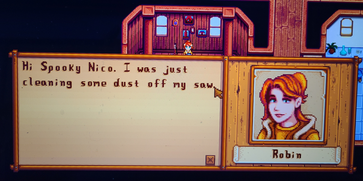 Robin, a red haired pale woman in the game Stardew Valley, says
