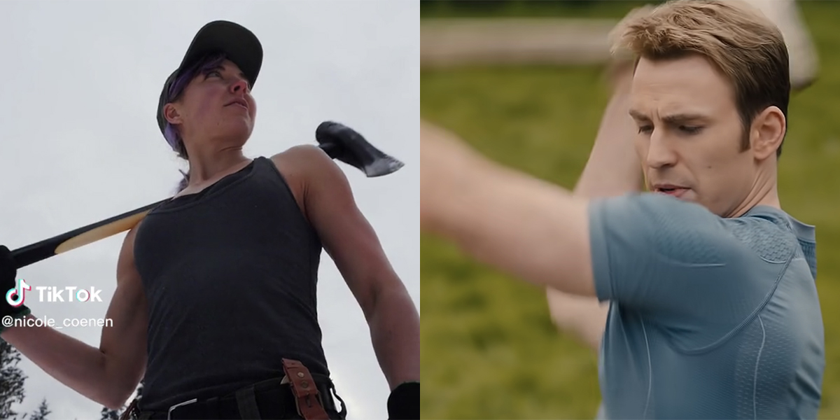 Nicole Maple Coenen chopping wood on TikTok / Captain America chopping wood in The Avengers: Endgame