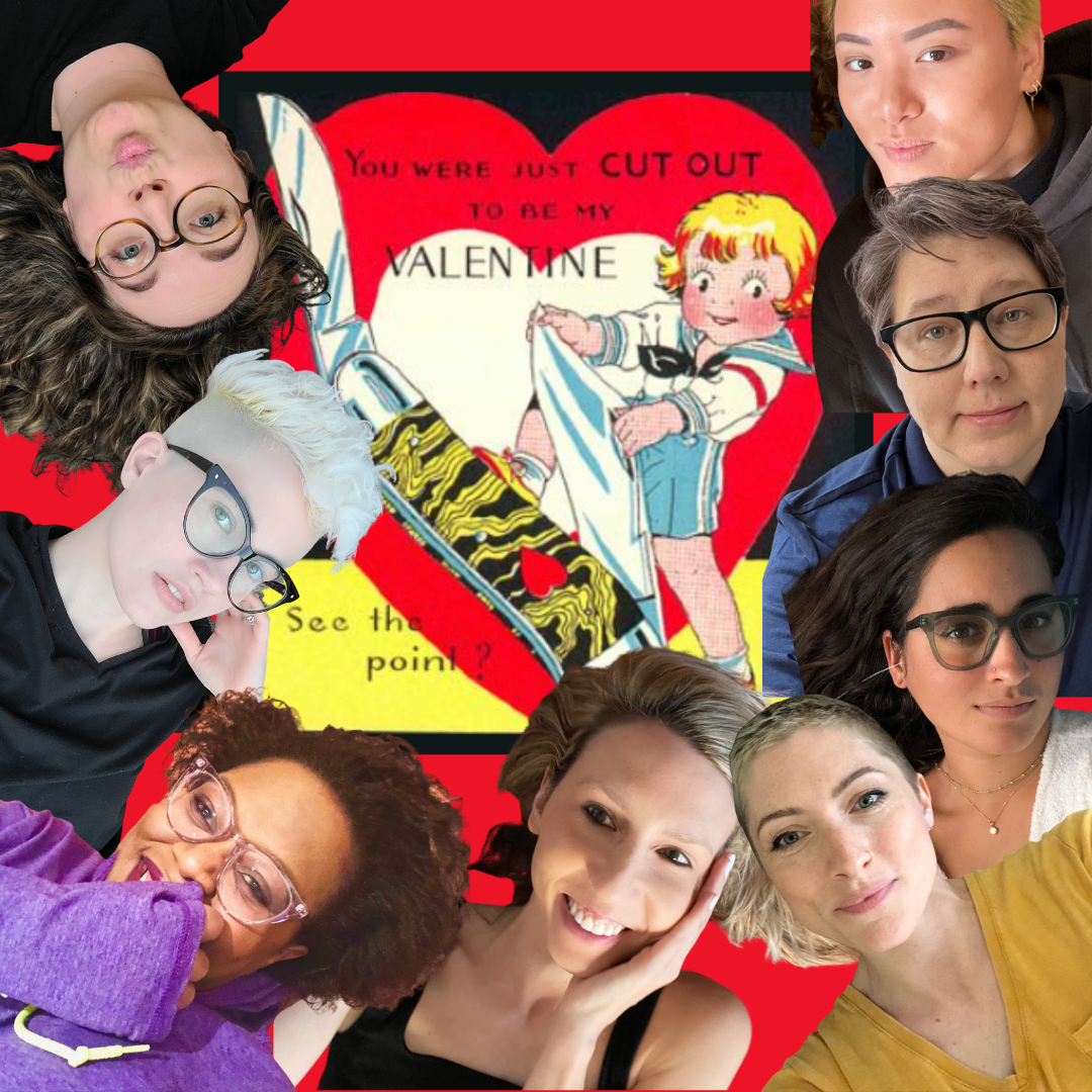 the autostraddle senior team is collaged in front of a valentine's day card with a creepy little child on it posing with a pocket knife that is bigger than their body. text on the card reads "you were just cut out to be my valentine. see the point?"