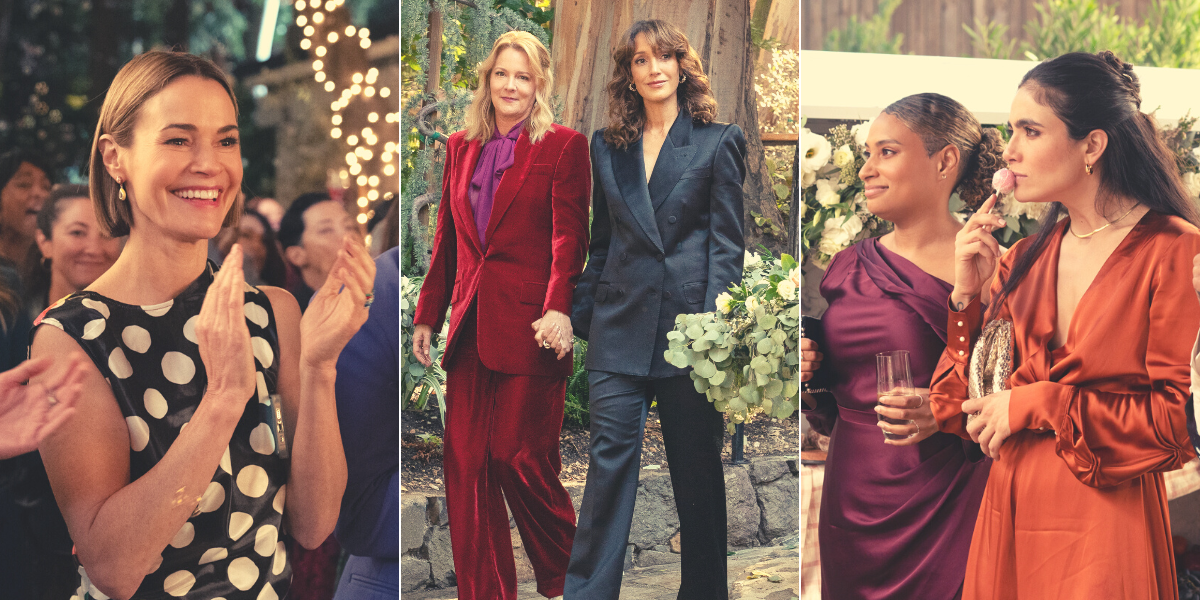 L Word Gen Q Episode 310 collage: Alice clapping, Bette and TIna walking down the aisle, Dani and Sophie at the wedding