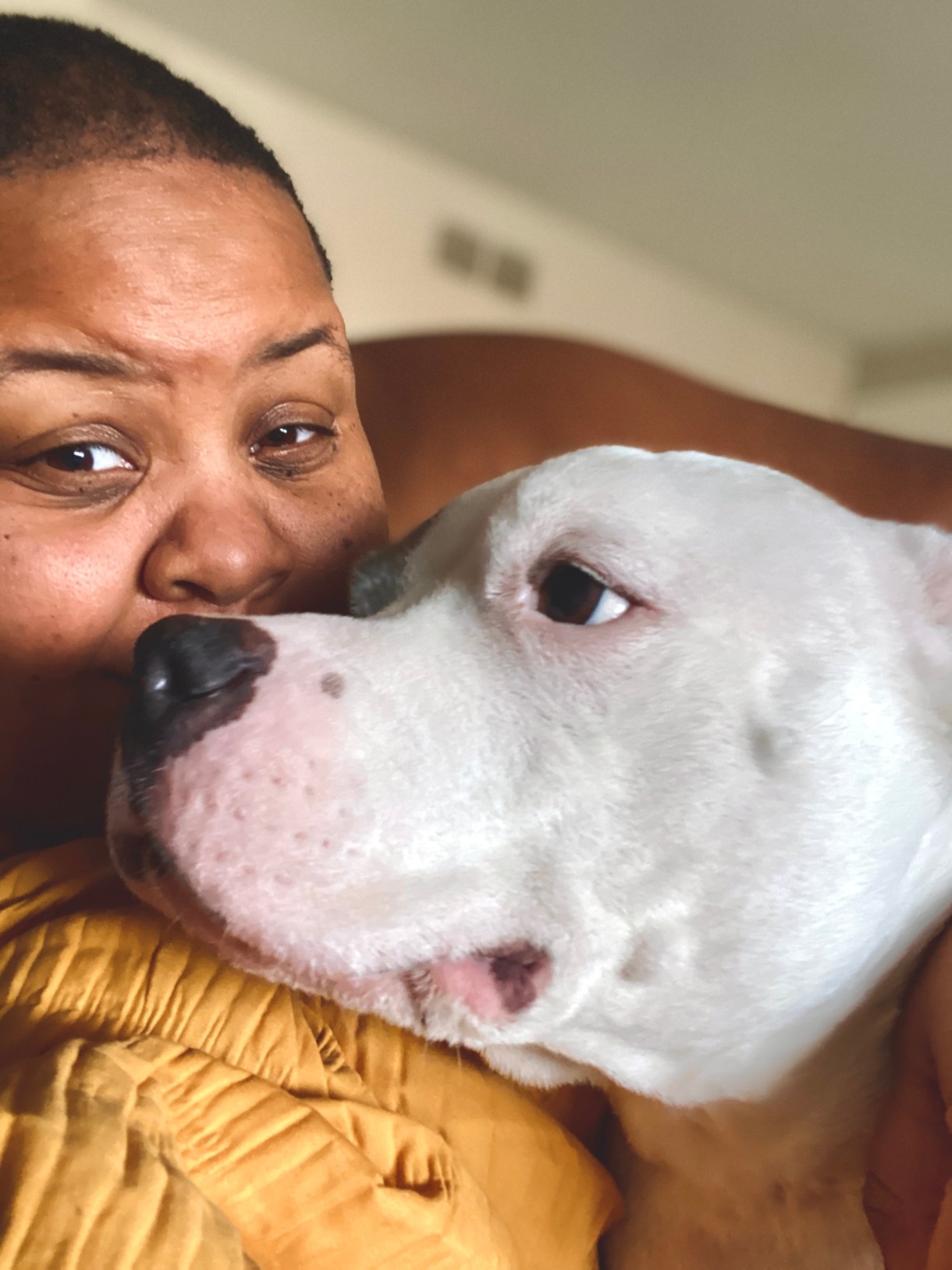 shea, a Black person with short hair, holds Mabel a white pitbull on their shoulder. shea is wearing a yellow sweater.