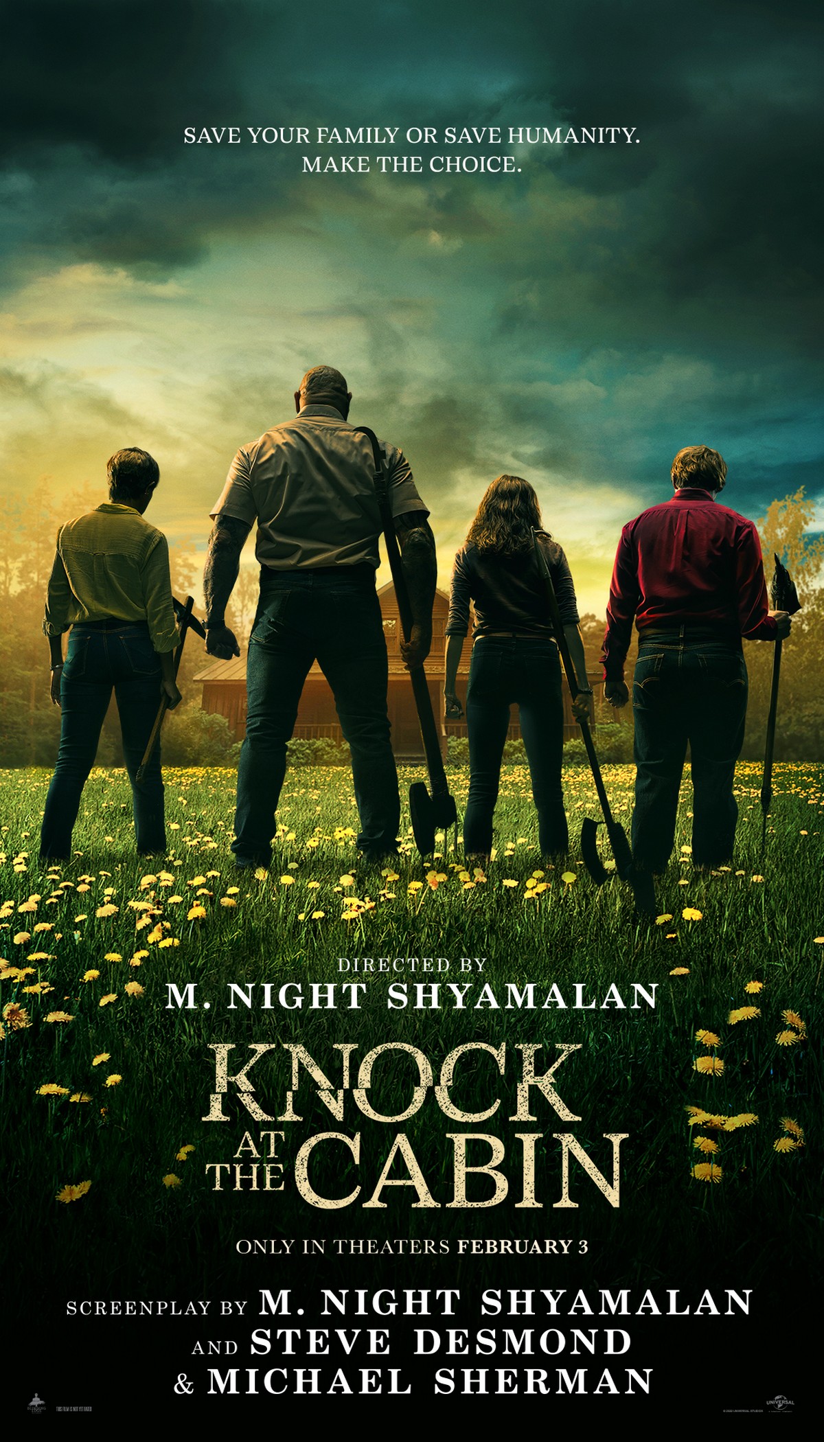 the cover of knock at the cabin showing four people from behind with an ominous sky