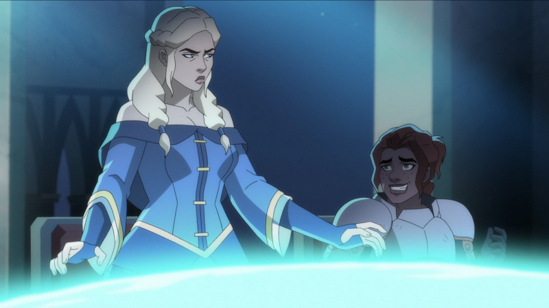 Lady Allura scowls at her wife Lady Kima, who grins nervously