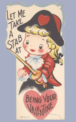 a very cutesy blonde looking pirate type with a heart on their pirate hat holds out a sword. text reads "let me take a stab at being your valentine"