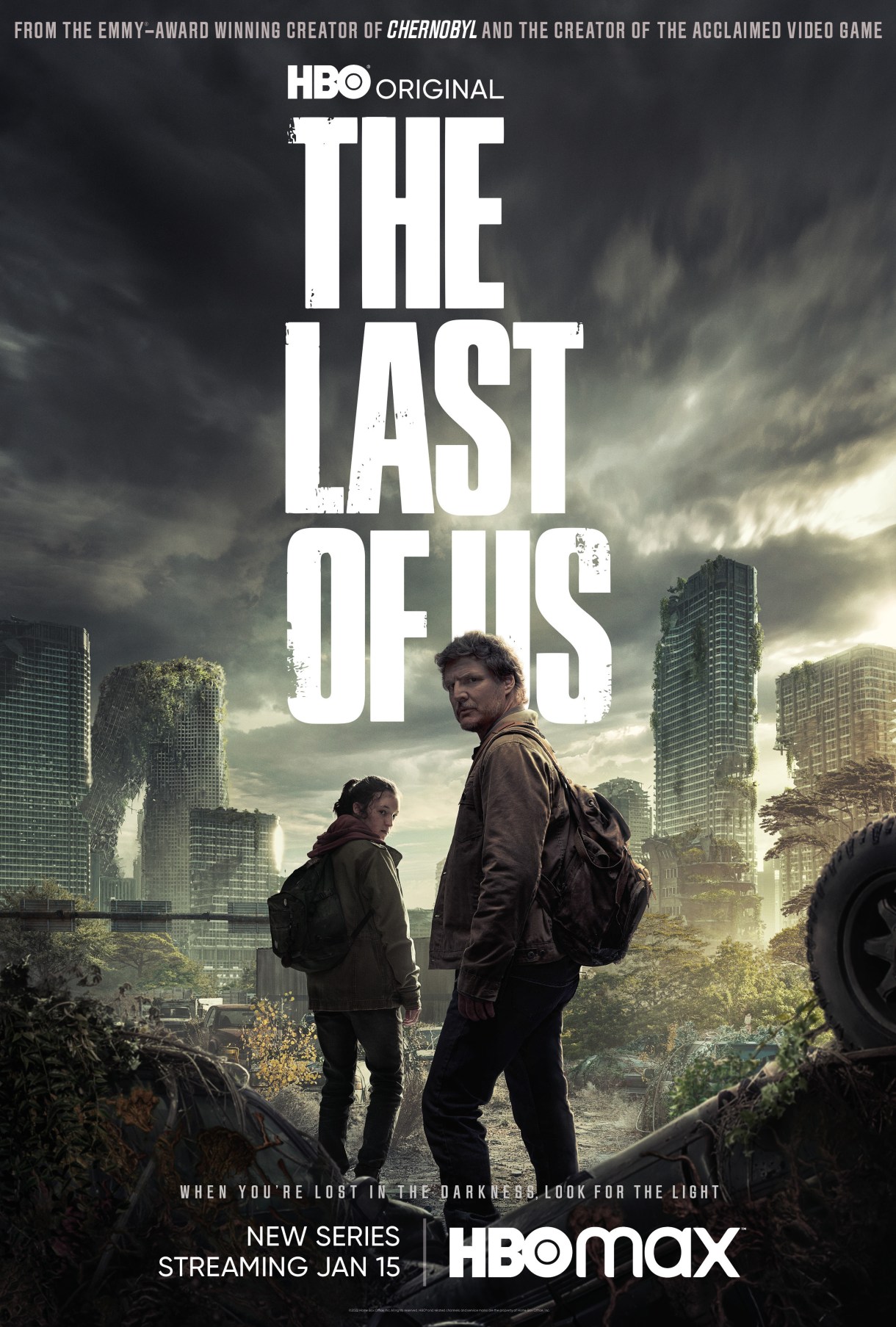 the cover of the last of us showing the two main characters, ellie and joel, against a post apocalyptic city background