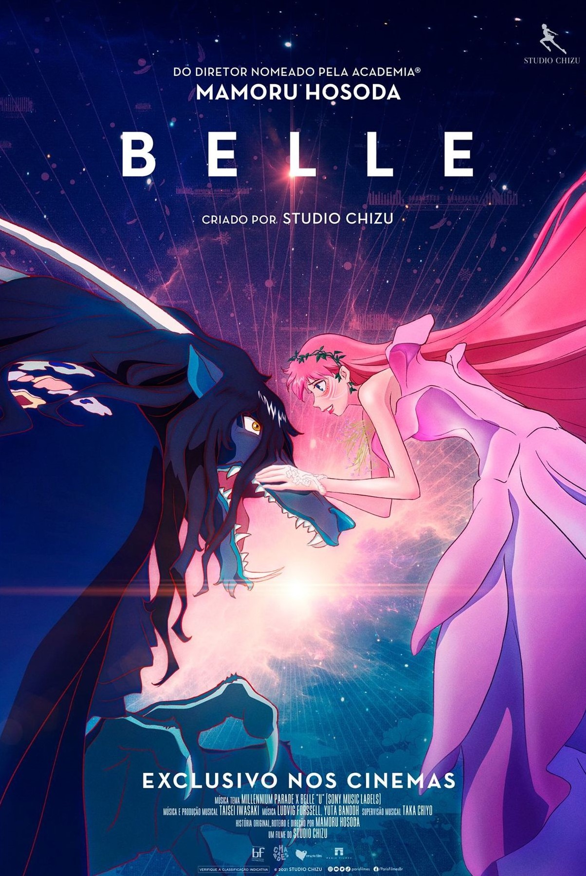 the cover of Belle features a super pink anime woman and some kind of monster