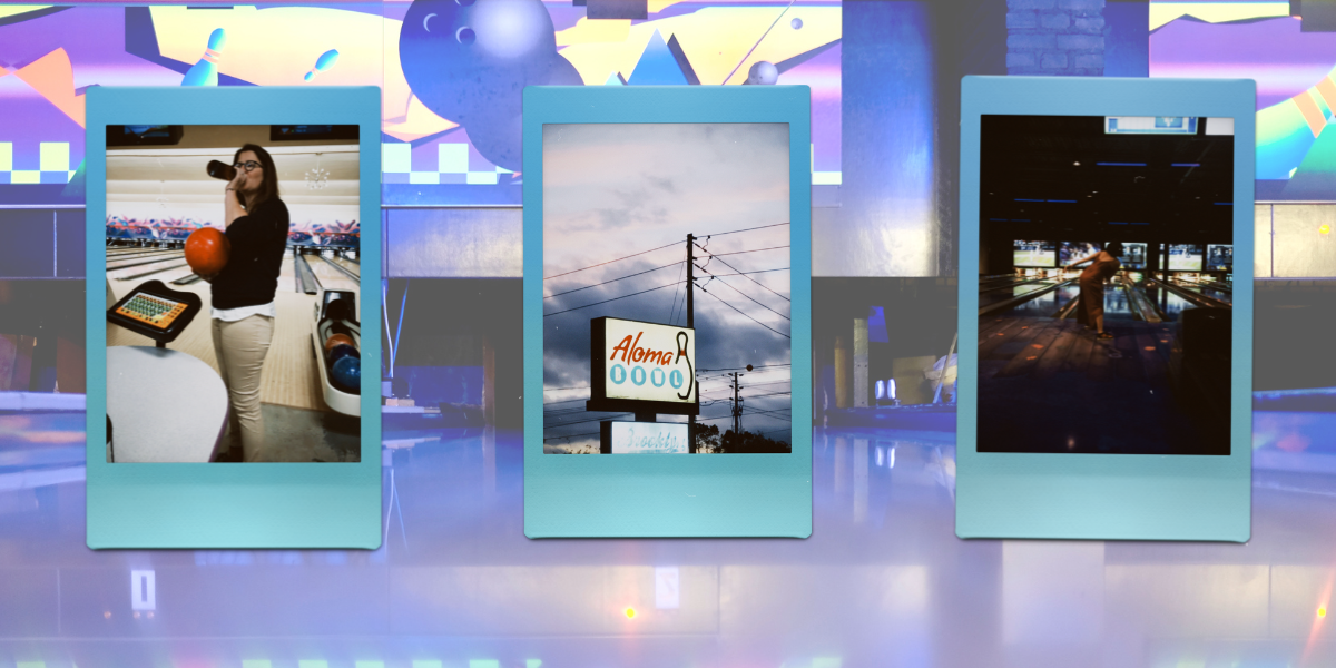 A background of a bowling alley and then three images: one of Kristen Arnett in khakis drinking a beer and holding a bowling ball, one of a sign for Aloma Bowl against a night sky, and one of Kayla Kumari Upadhyaya from behind, bowling in a magenta jumpsuit