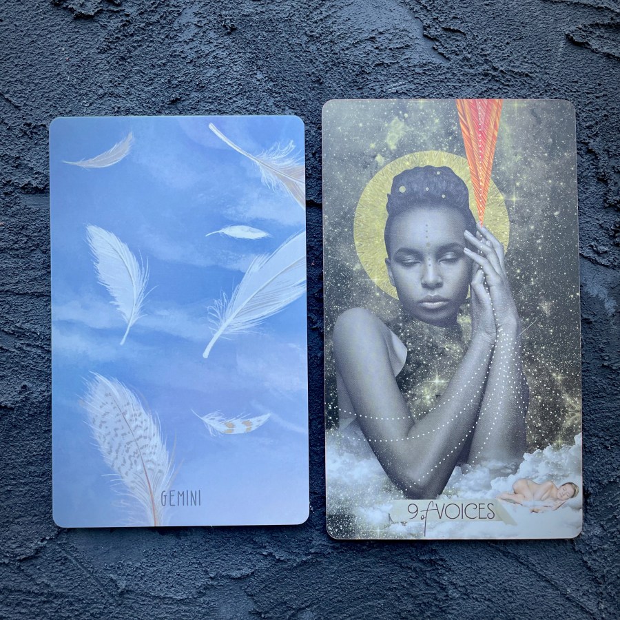 Two cards in front of a navy blue background, right to left: Gemini (leaves in the wind), and 9 of voices (a black femme person holding their face)