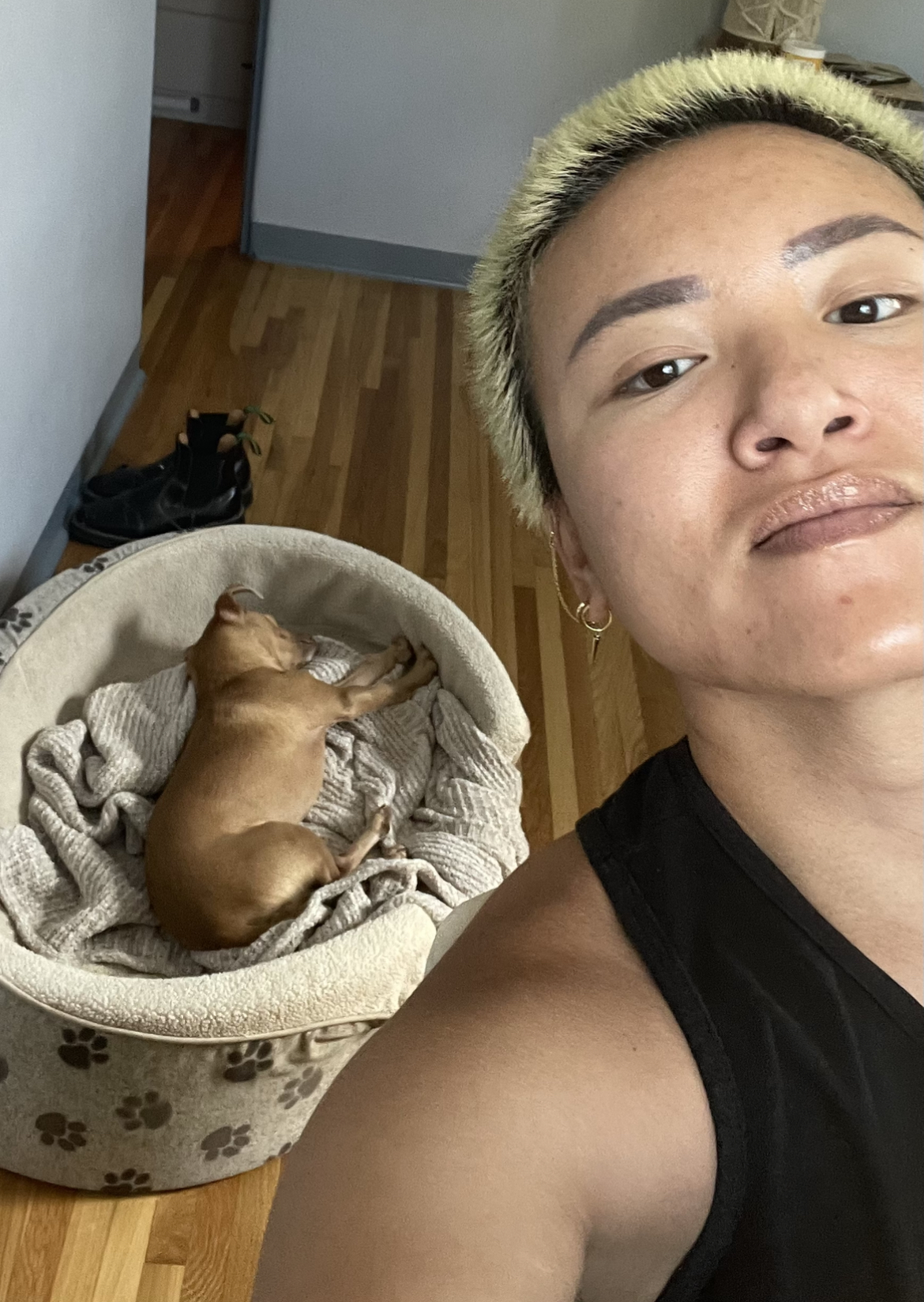 Viv, a nonbinary Asian person leans back in front of a small brown dog sleeping in a bed. They are wearing a tank top and their hair is green.