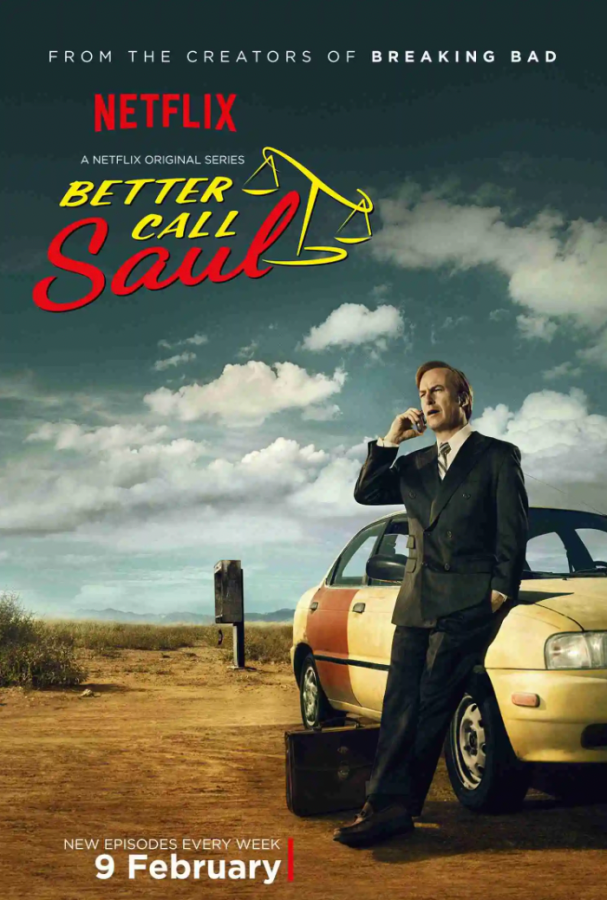the cover of better call saul features a man leaning against a car in a suit