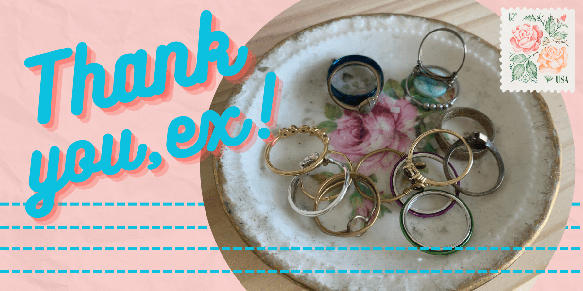A post-card like image with a stamp with pink flowers on it and a large image of a ring dish with rings in it and the words THANK YOU, EX!