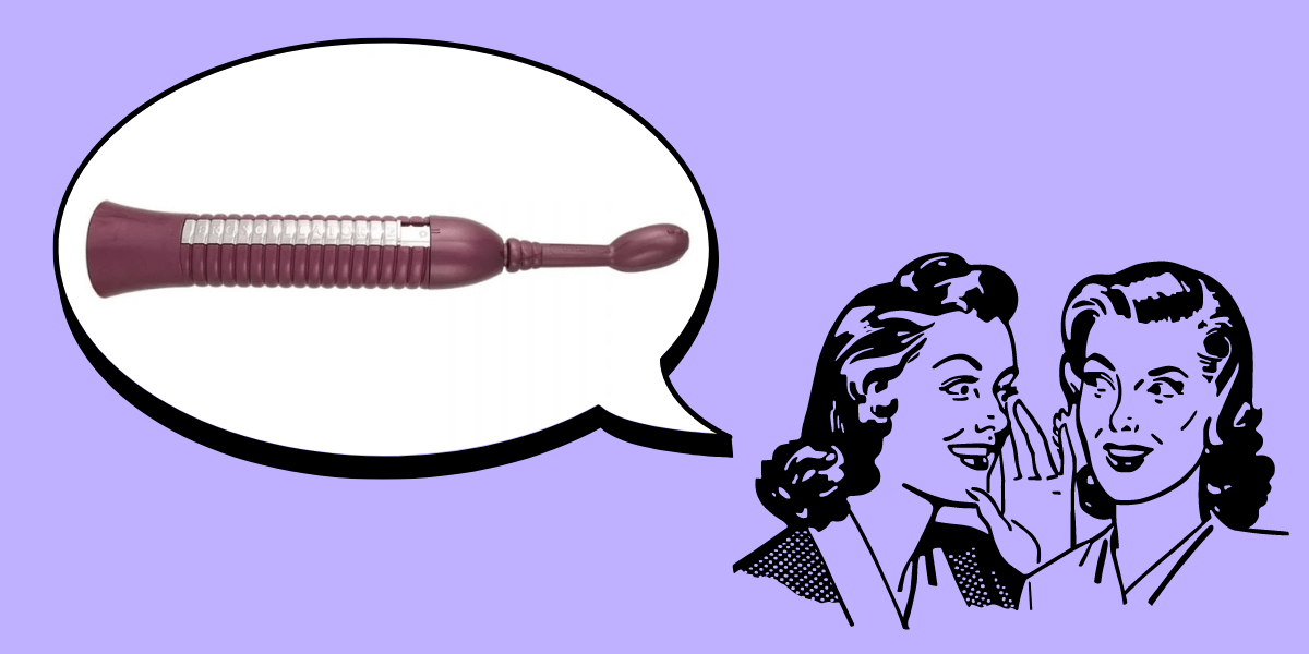 In the bottom right corner of the image, there is a black line drawing of two women with 1950s hairstyles whispering to each other against a lavender background. In the upper left corner, there is a speech bubble. Inside the speech bubble, there is an image of the Eroscillator Top Deluxe Vibrator, which has a long, ribbed, purple and silver handle, a slim