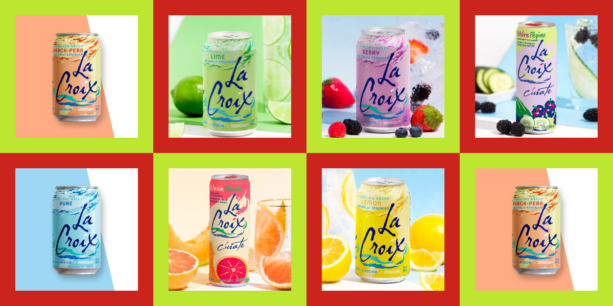 The following LaCroix flavors: Peach-Pear, Lime, Berry, Mure Pepino, Pure, Melon Pomelo, Lemon, and Pamplemousse